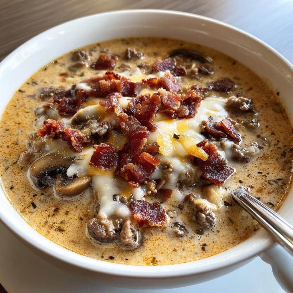 Air fryer Bacon Mushroom Swiss Cheeseburger Soup