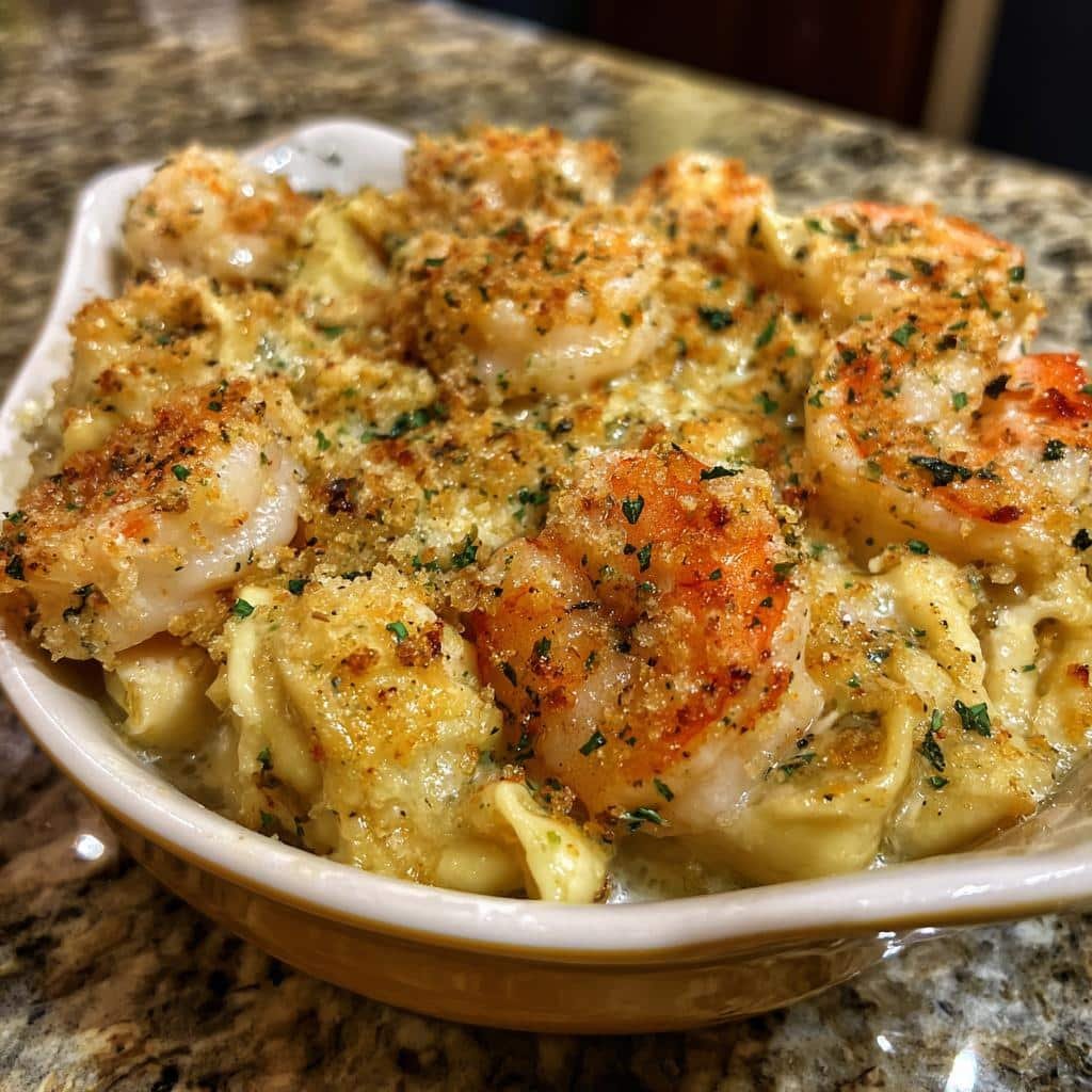 Air fryer Creamy Shrimp Tortellini Alfredo Casserole