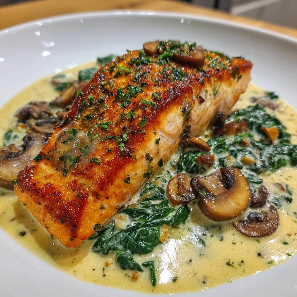 Air fryer Garlic Butter Salmon with Spinach & Mushrooms in Creamy Sauce