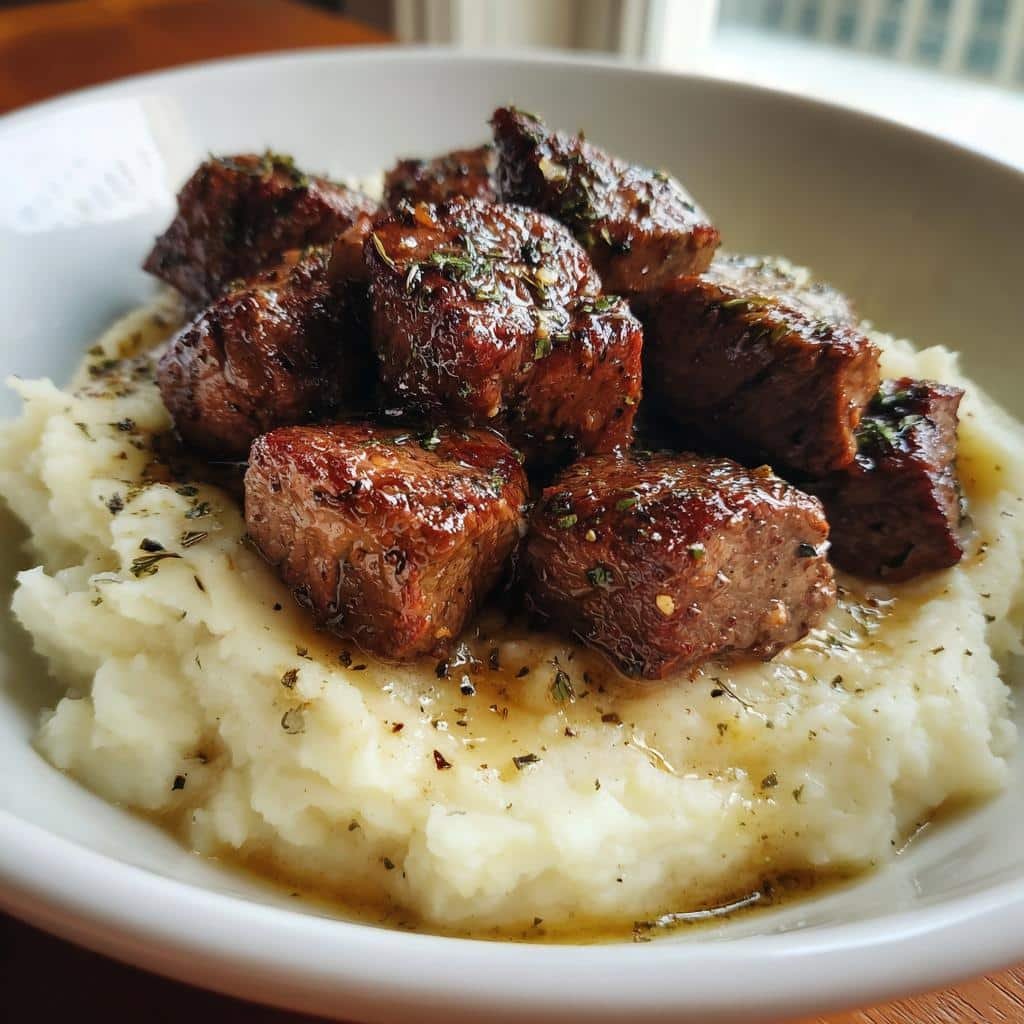 Air fryer Garlic Butter Steak Bites and Mash