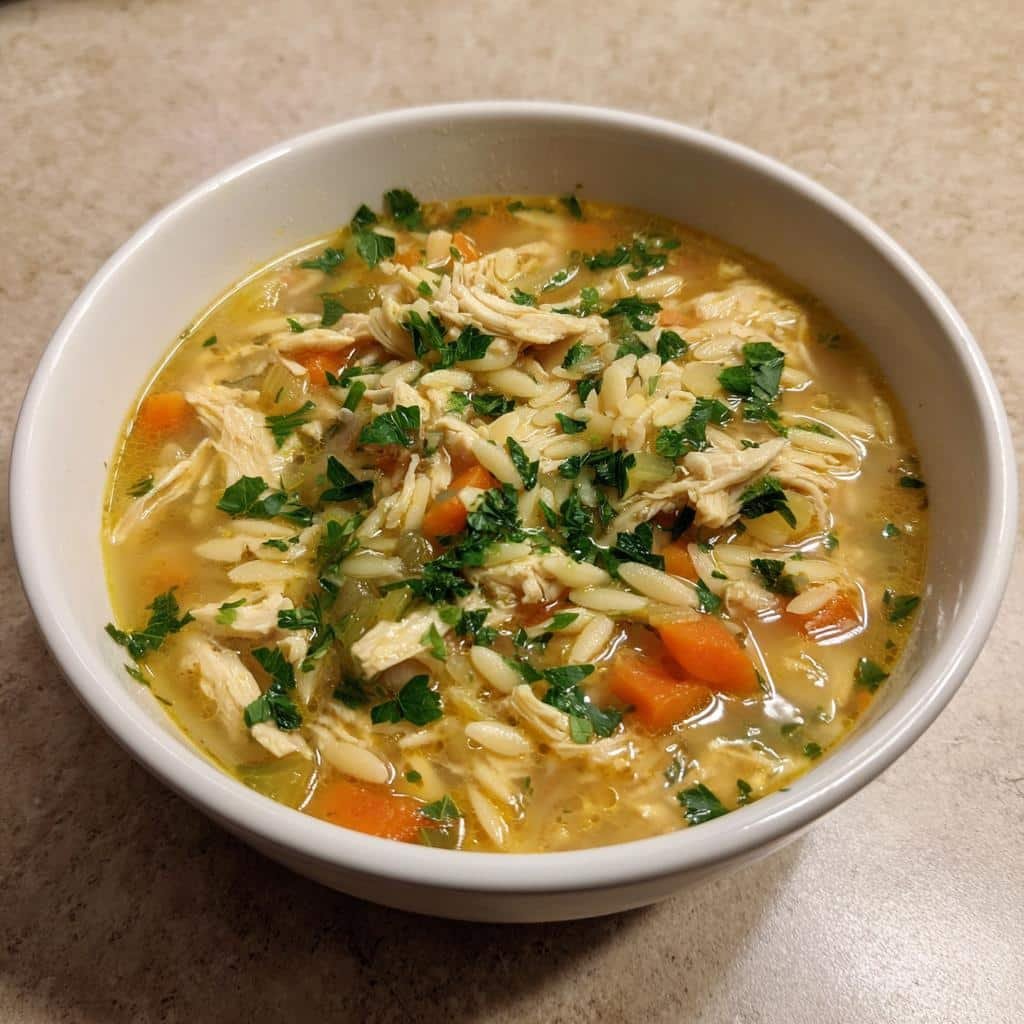 Air fryer Greek Lemon Chicken Orzo Soup