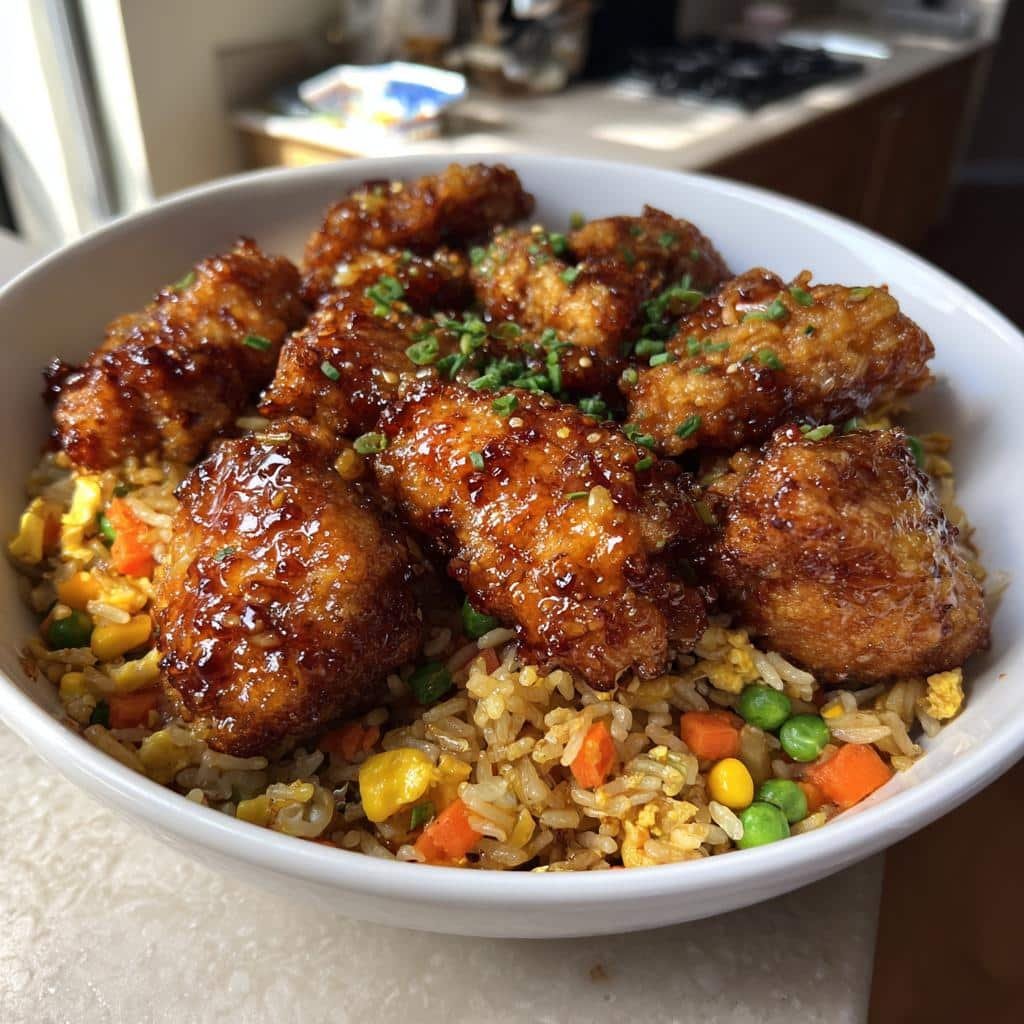 Air fryer Honey-Garlic Chicken Bites with Veggie Fried Rice