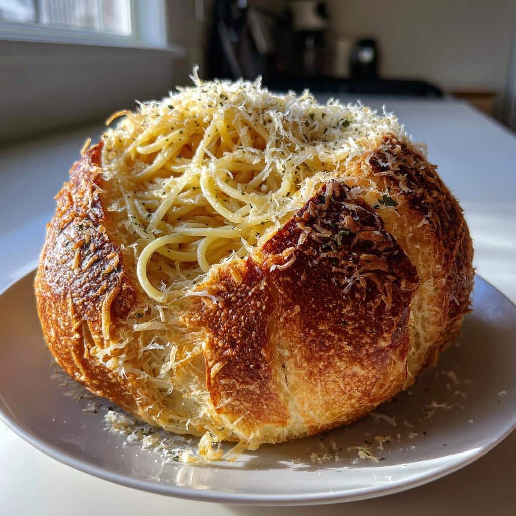 20-Minute Crispy Air Fryer Spaghetti Bread Bowls You’ll Crave 4 Air fryer Spaghetti Bread Bowls with Garlic Butter & Parmesan - detail 1