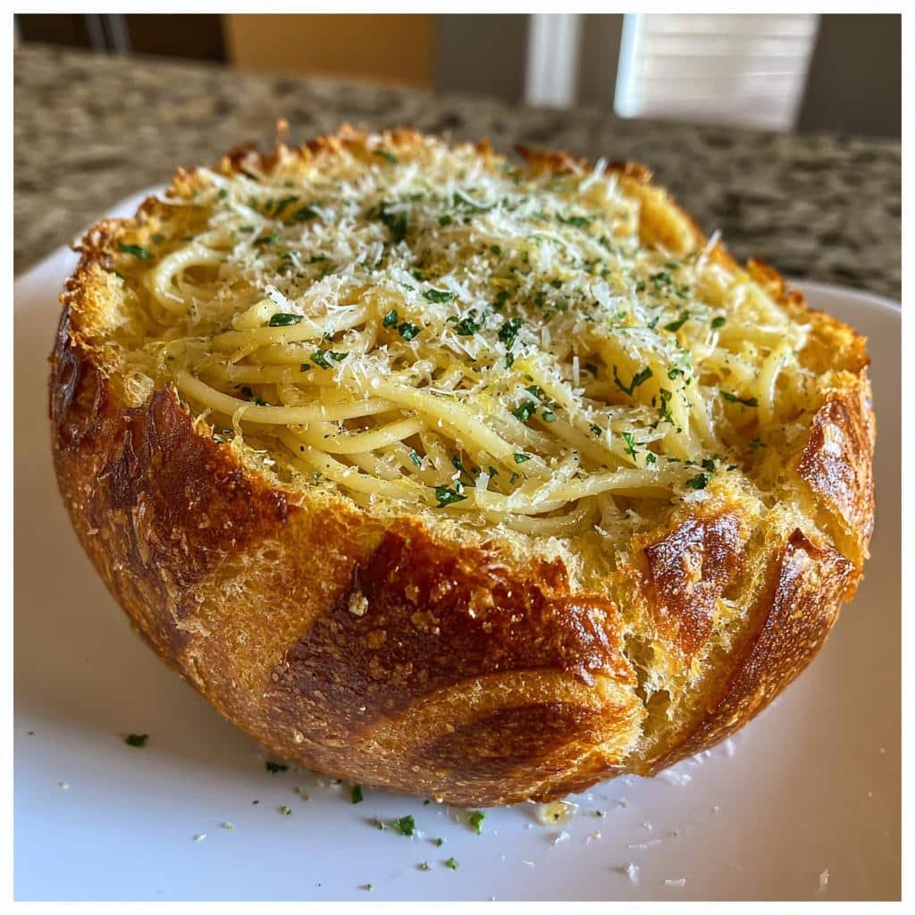 Air fryer Spaghetti Bread Bowls with Garlic Butter & Parmesan