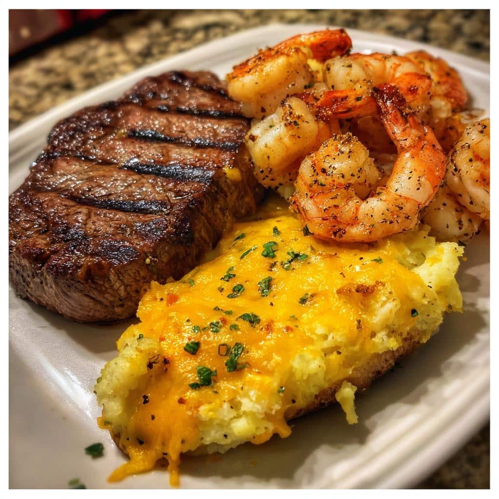 Air fryer Steak & shrimp over a cheesy jumbo potato - detail 1