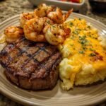 Air fryer Steak & shrimp over a cheesy jumbo potato