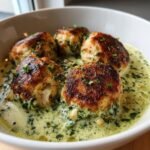 "12-Minute Air Fryer Chicken Ricotta Meatballs in Creamy Spinach Alfredo" 3 Air fryer Tender Chicken Ricotta Meatballs in Creamy Spinach Alfredo