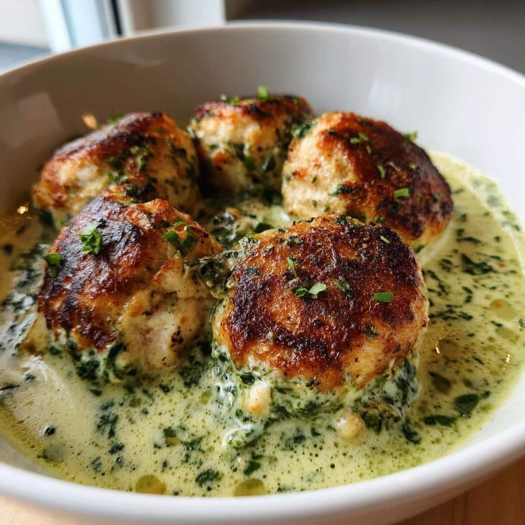 Air fryer Tender Chicken Ricotta Meatballs in Creamy Spinach Alfredo
