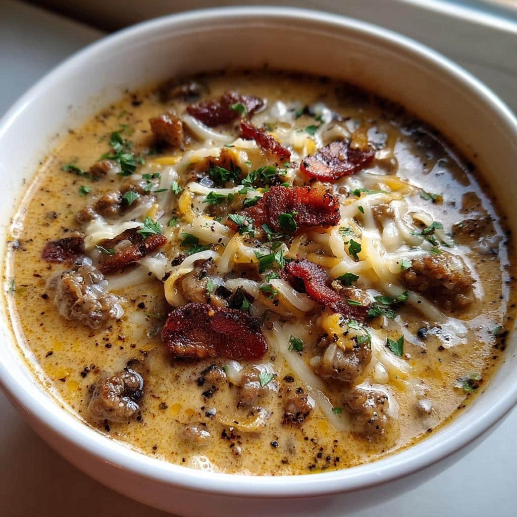Air fryer Thanksgiving Bacon Mushroom Swiss Cheeseburger Soup