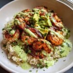 Air fryer christmas Zesty Shrimp & Avocado Rice Bowls with Cilantro Lime Sauce,
