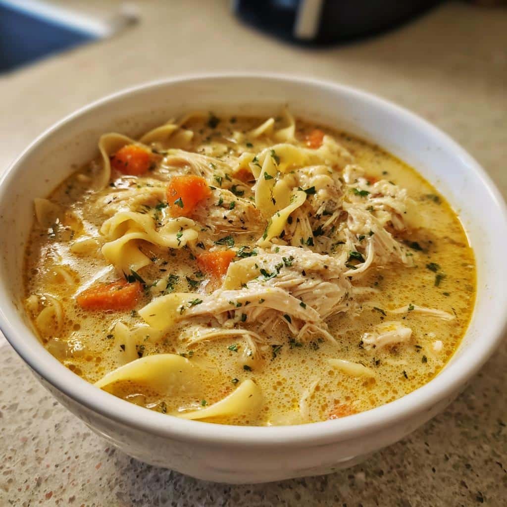 Christmas Air fryer High-Protein Chicken Noodle Soup (Cottage Cheese Base)