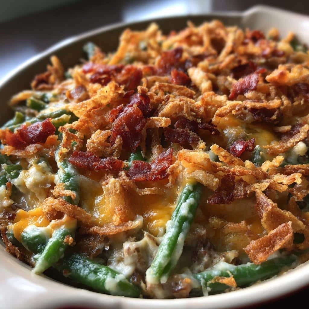 Christmas Air fryer Loaded Green Bean Casserole (Beef Bacon Swap)