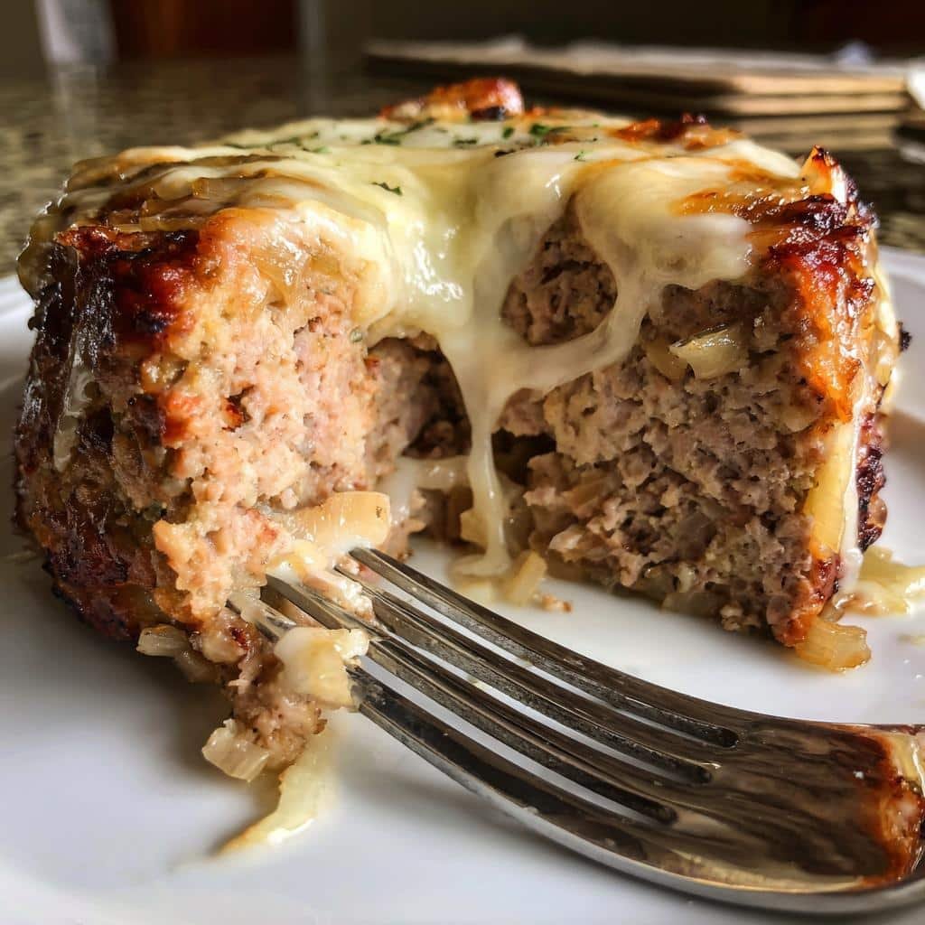 Easy Christmas Air fryer Crockpot French Onion Meatloaf with Melted Swiss Cheese