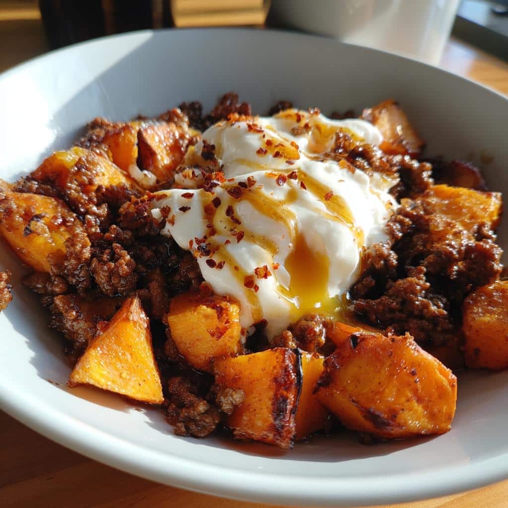 Air Fryer Hot Honey Cottage Cheese Sweet Potato Beef Bowl