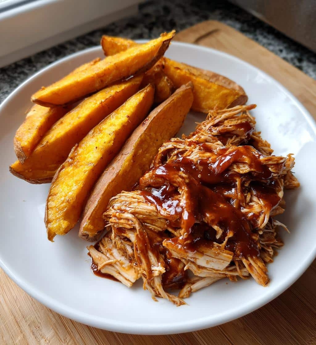 Air Fryer Pulled BBQ Chicken & Sweet Potato Wedges