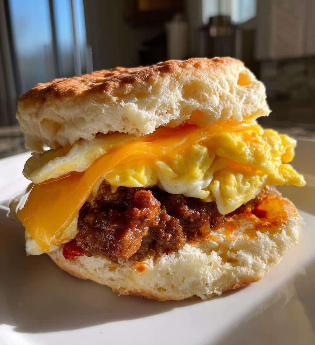 Air Fryer Spicy Chorizo Biscuit Breakfast Sandwich